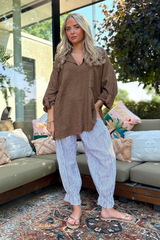 Sandbar Linen Blend Pop Over Shirt Walnut